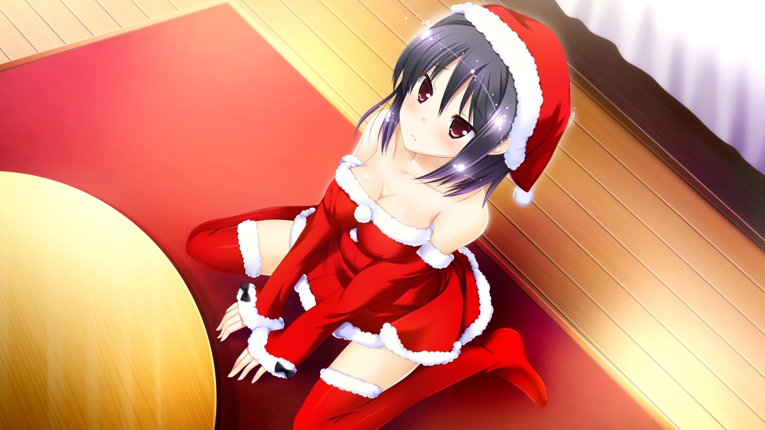 black_hair, blush, breasts, christmas, cleavage, ensemble_(company), erihara_mitsuki, game_cg, hat, kimishima_ao, red_eyes, sakura_mau_otome_no_rondo, santa_costume, santa_hat, short_hair, thighhighs, zettai_ryouiki