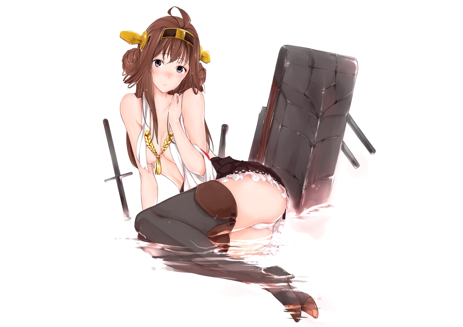 anthropomorphism, blush, breasts, brown_hair, cleavage, headband, kantai_collection, kongou_(kancolle), long_hair, no_bra, panties, skirt, tears, thighhighs, tsukino_wagamo, underwear, water, white