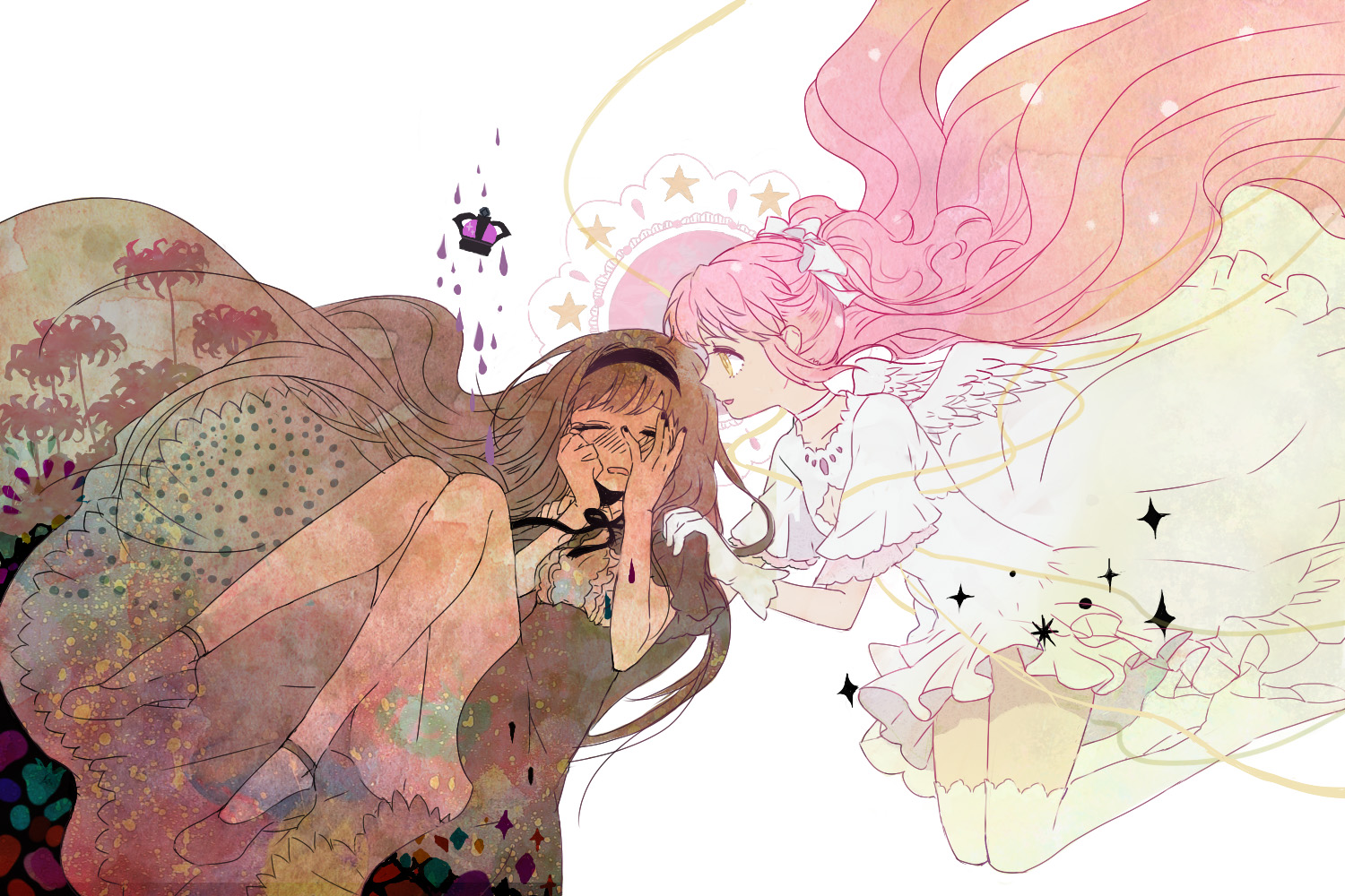 2girls, akemi_homura, dress, gloves, headband, kaname_madoka, long_hair, mahou_shoujo_madoka_magica, pink_hair, range, thighhighs, ultimate_madoka, wings, yellow_eyes