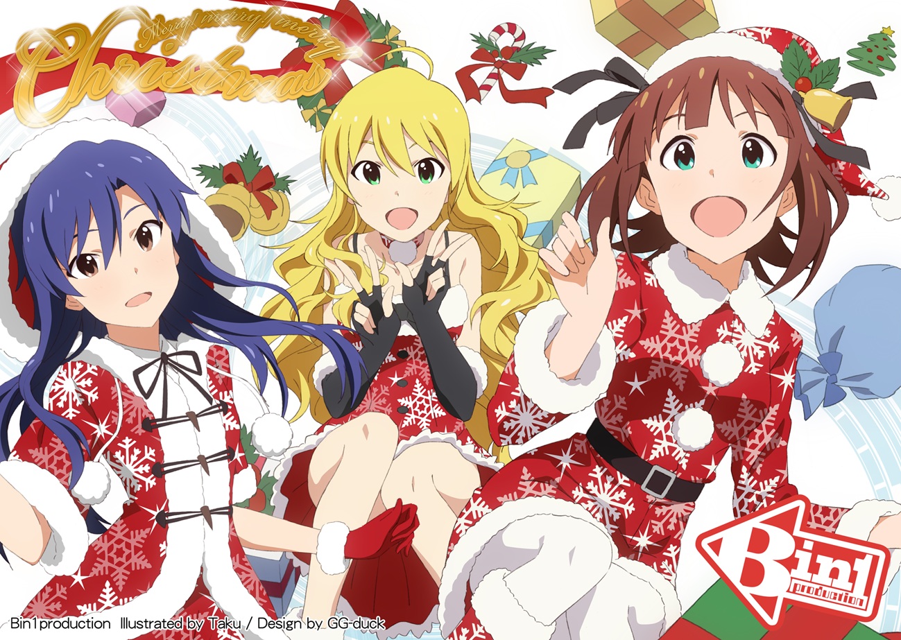 amami_haruka, blonde_hair, blue_hair, brown_hair, christmas, green_eyes, hoshii_miki, idolmaster