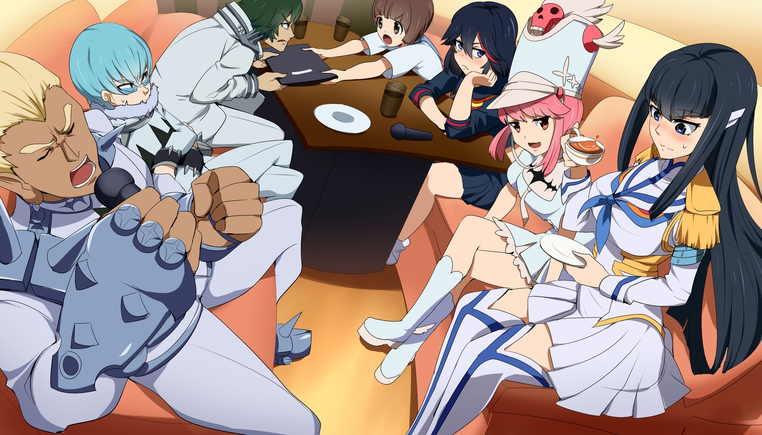 black_hair, blonde_hair, blue_eyes, blue_hair, blush, brown_eyes, brown_hair, drink