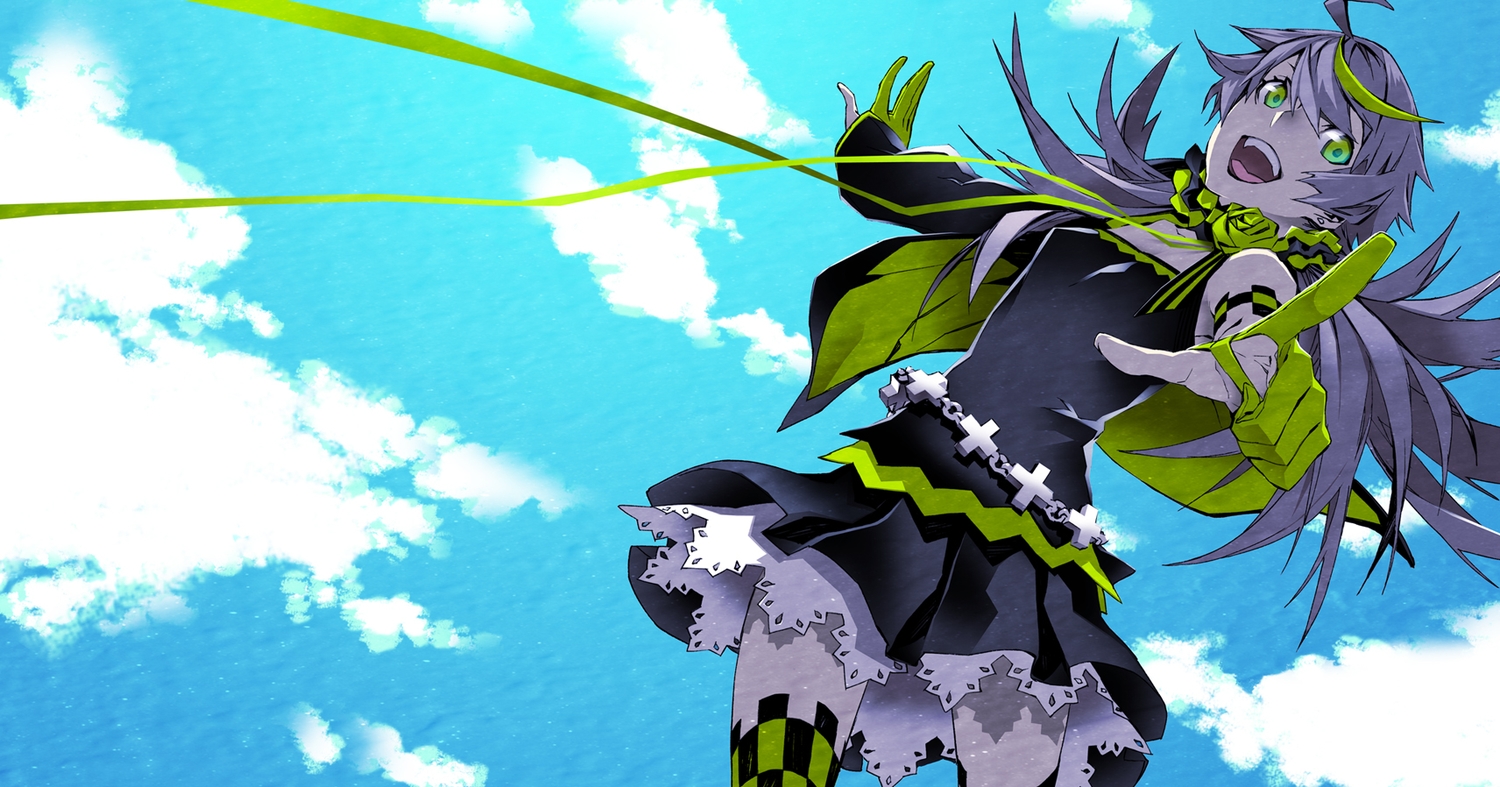 clouds, fang, gloves, green_eyes, long_hair, miwa_shirow, original, purple_hair