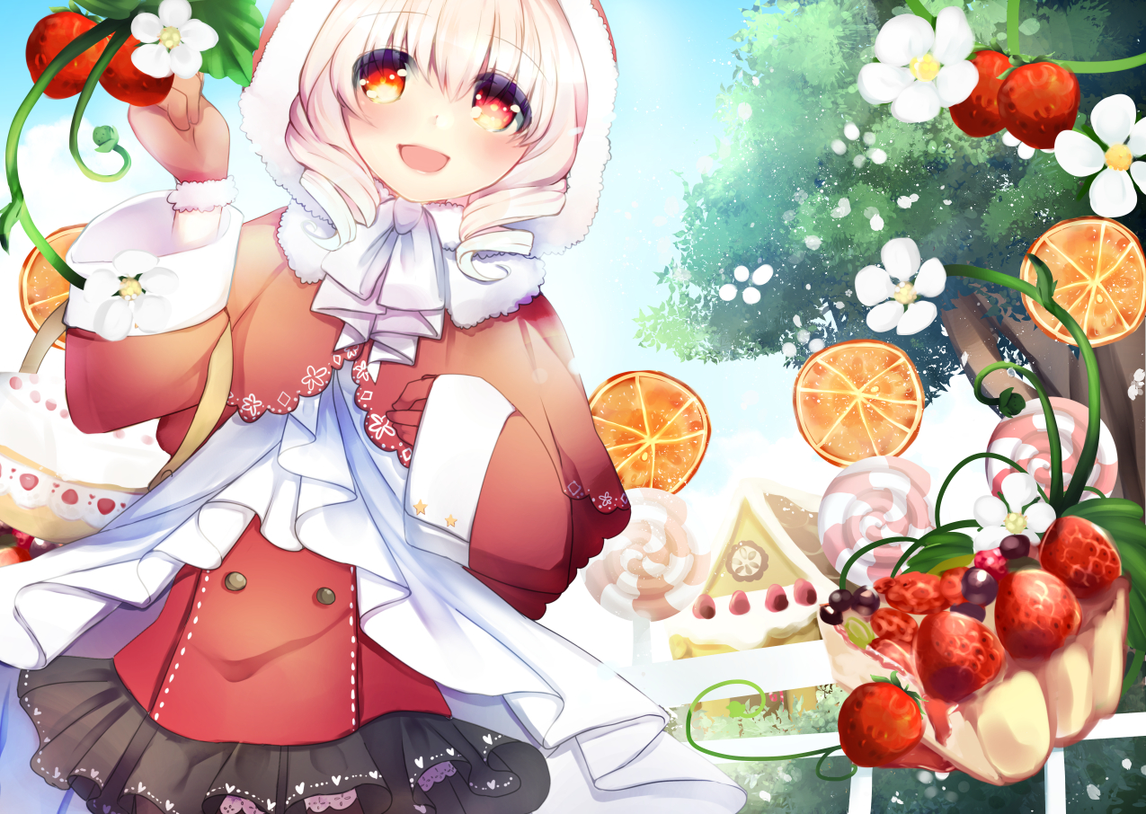 ameshizuku_natsuki, blush, cake, candy, flowers, food, fruit, gloves, orange_eyes, original, pink_hair, short_hair, skirt, strawberry