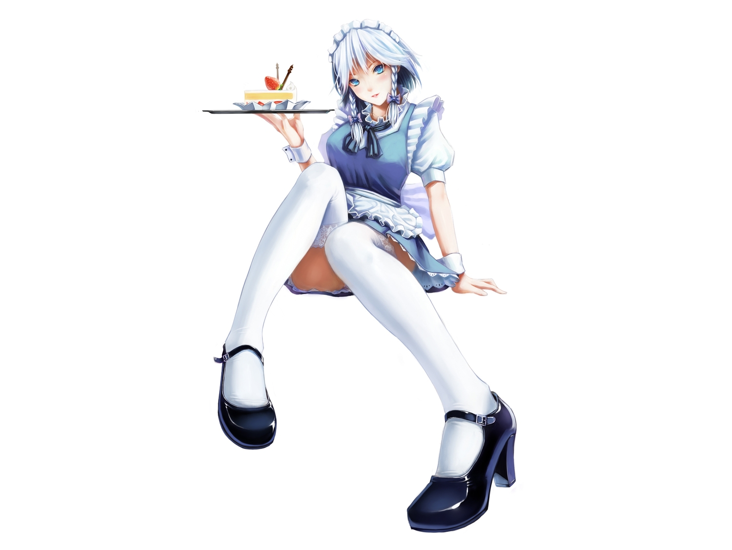 blue_eyes, bow, braids, cake, dopollsogno, food, fruit, headdress, izayoi_sakuya, maid, stockings, strawberry, touhou, white, white_hair