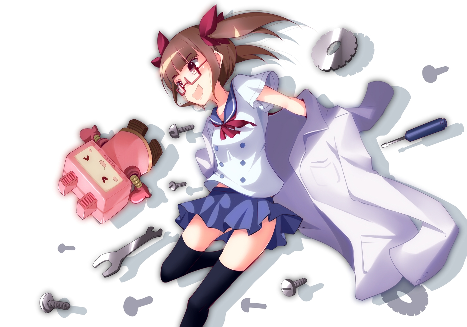 brown_eyes, brown_hair, glasses, idolmaster, idolmaster_cinderella_girls, ikebukuro_akiha, natsu_(anta_tte_hitoha), school_uniform, thighhighs, twintails