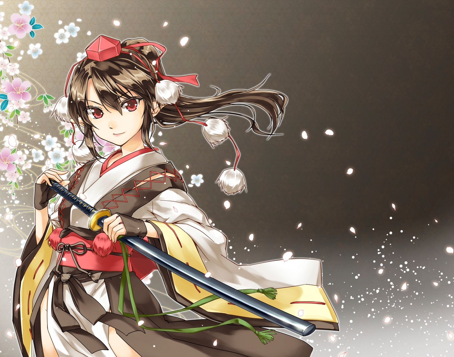 abo_(hechouchou), brown_hair, flowers, gloves, hat, japanese_clothes, katana, pointed_ears