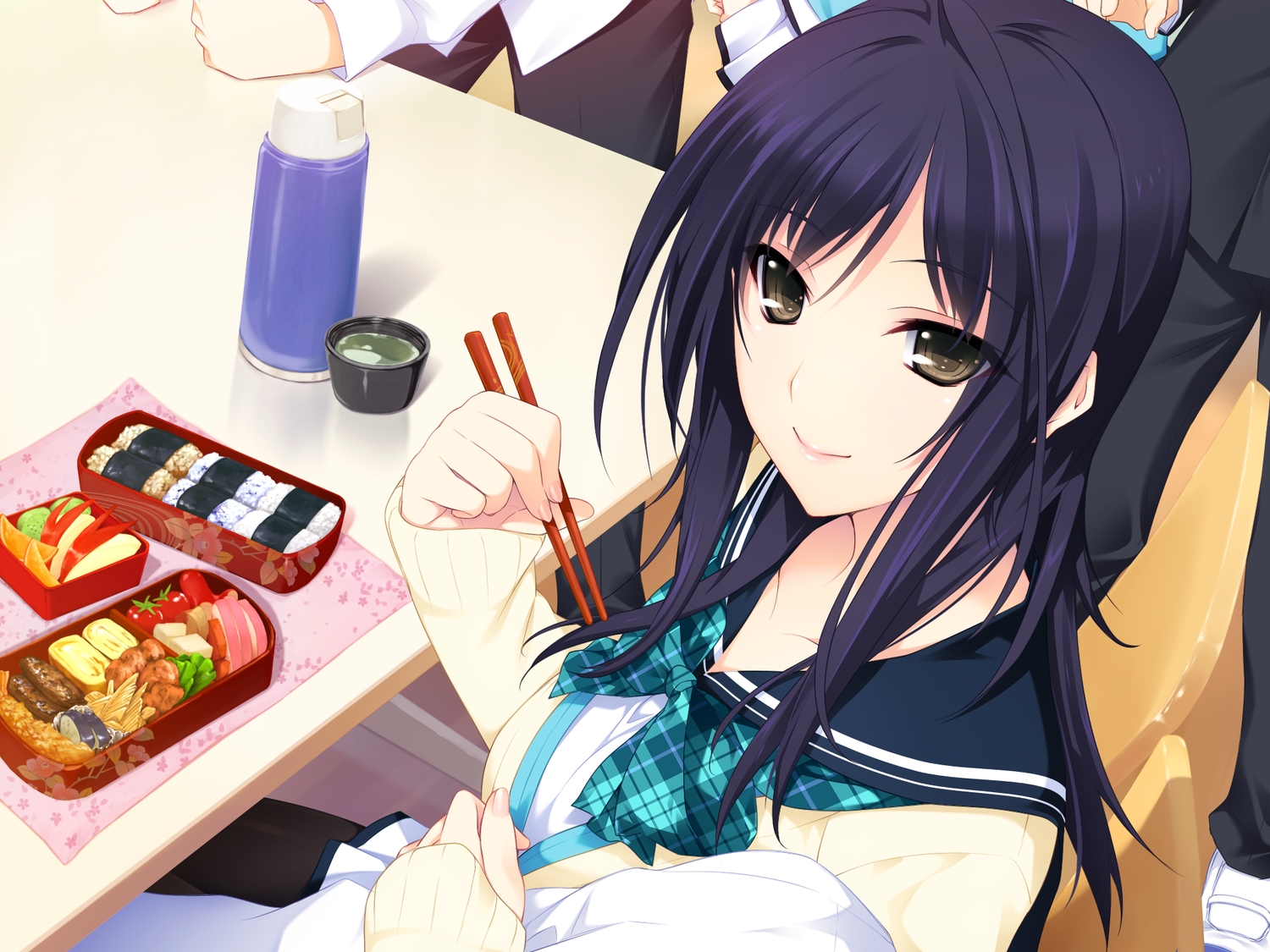 black_hair, food, game_cg, iizuki_tasuku, izumi_wakoto, lovely_x_cation, lovely_x_cation_2, school_uniform