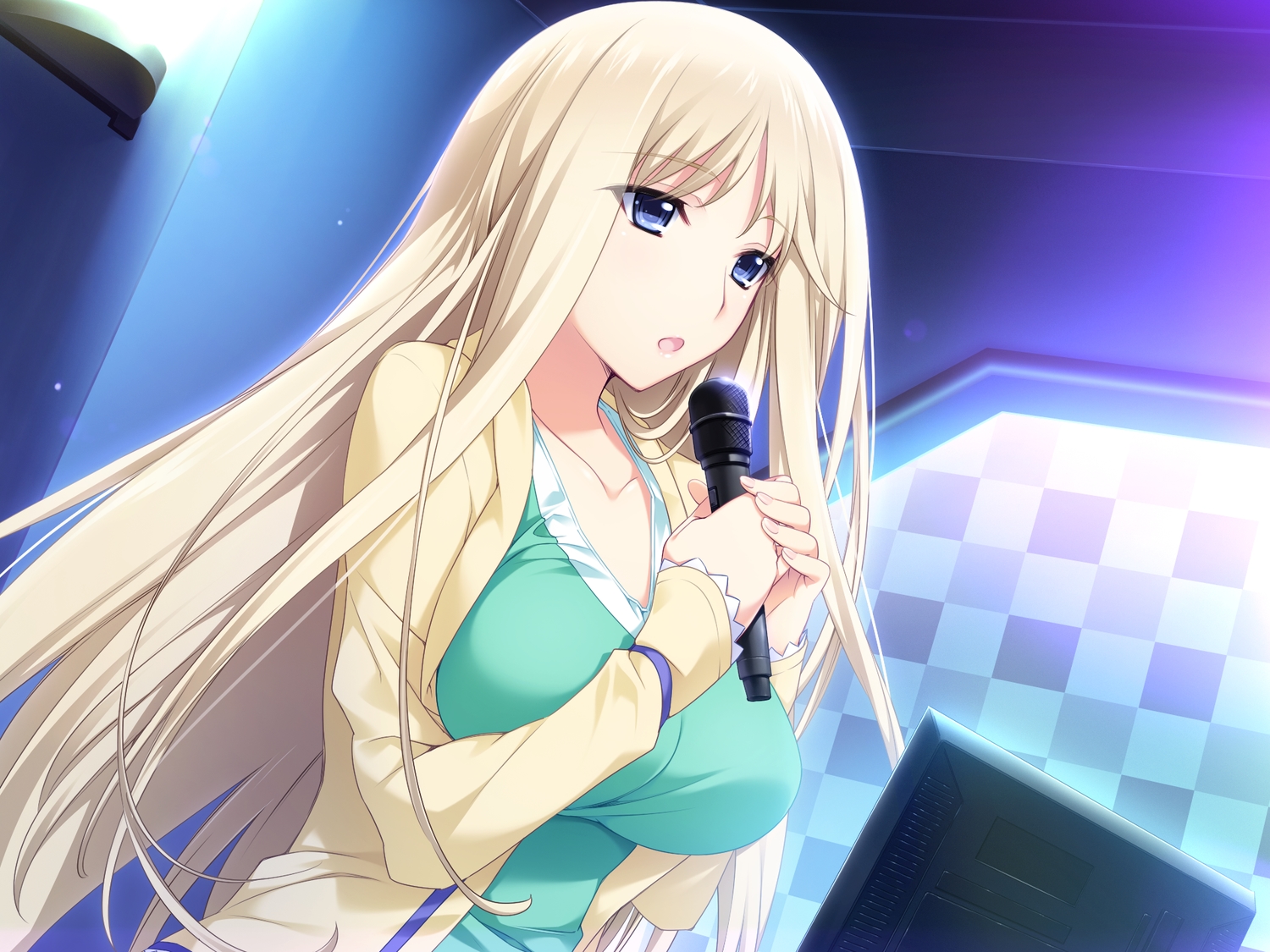 blonde_hair, game_cg, iizuki_tasuku, long_hair, lovely_x_cation, lovely_x_cation_2, microphone, yoshinoya_seine