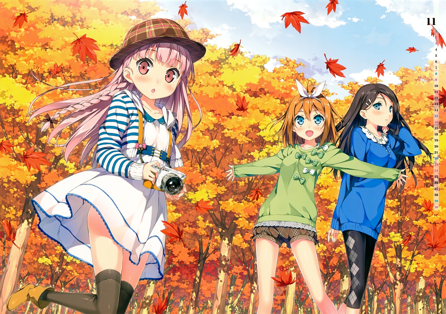5_nenme_no_houkago, autumn, black_hair, blonde_hair, blush, boots, braids, calendar