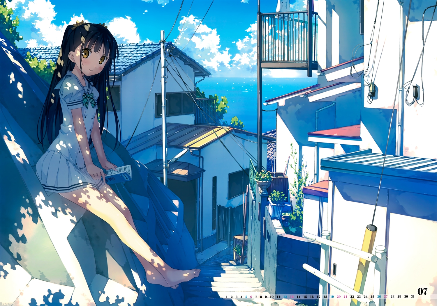 5_nenme_no_houkago, barefoot, black_hair, book, building, calendar, clouds, kantoku