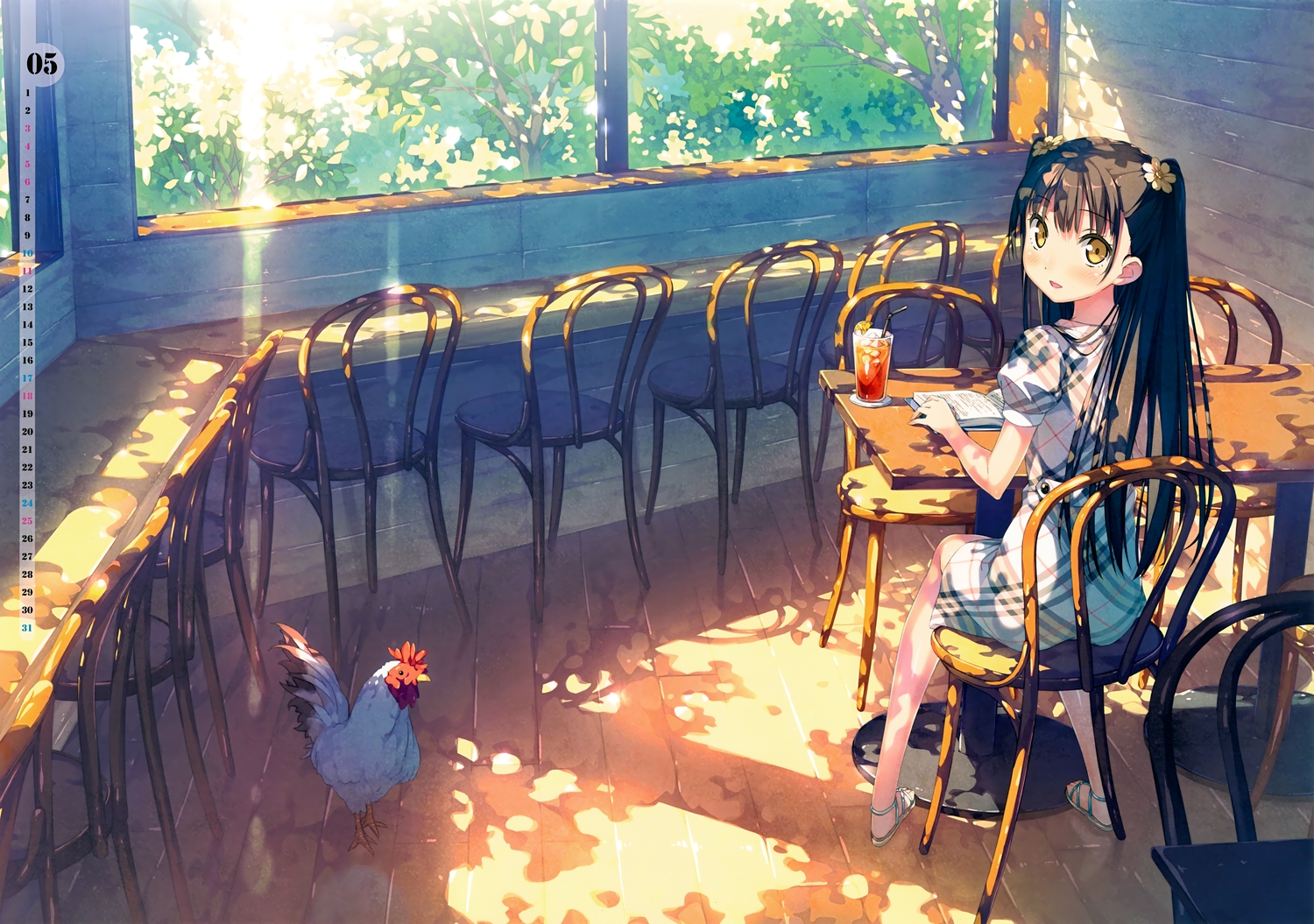 5_nenme_no_houkago, animal, bird, black_hair, book, calendar, drink, kantoku
