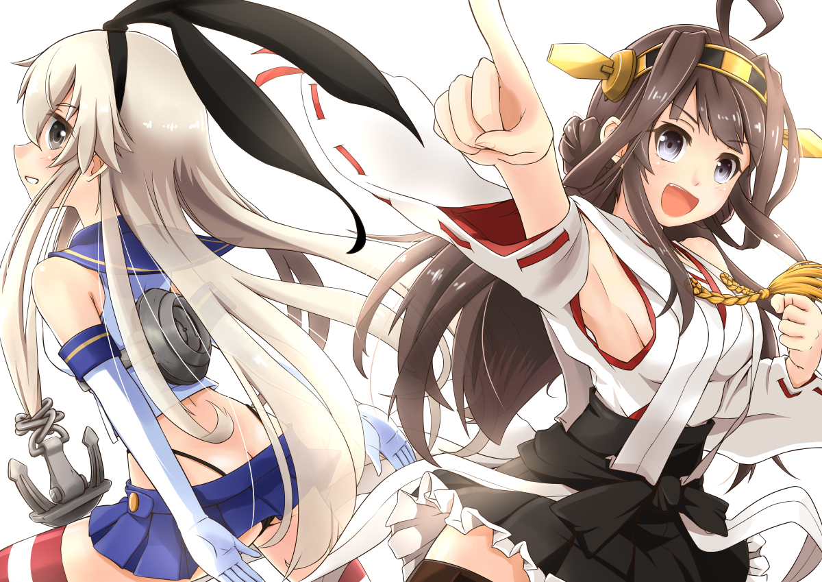 2girls, aliasing, anthropomorphism, black_eyes, blonde_hair, brown_hair, elbow_gloves, fang, gloves, headband, japanese_clothes, kantai_collection, kongou_(kancolle), long_hair, miko, panikuru_yuuto, shimakaze_(kancolle), skirt, underwear, white