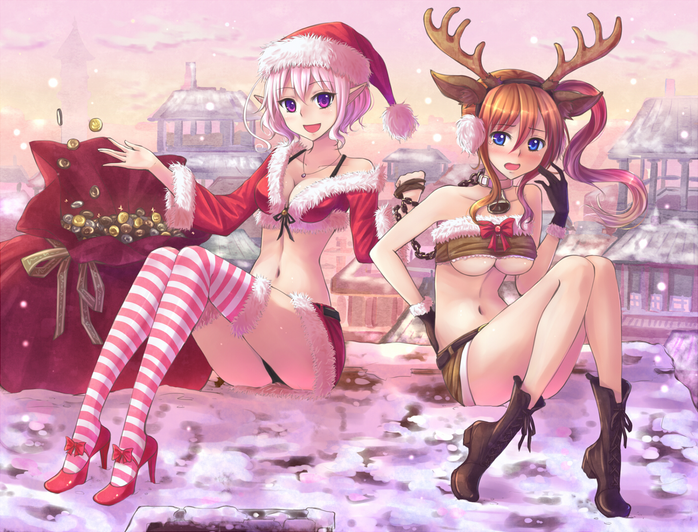 2girls, animal, blue_eyes, boots, breasts, brown_hair, chain, christmas
