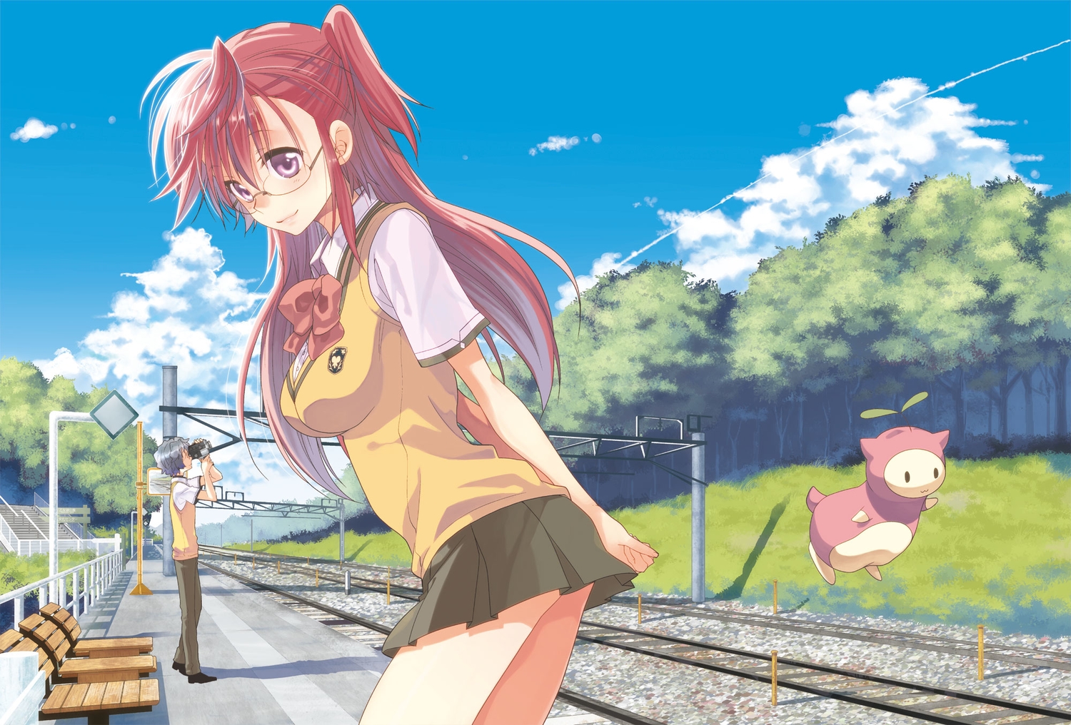 ano_natsu_de_matteru, blue_hair, camera, clouds, doku_ta_pepperko, glasses, jpeg_artifacts, kirishima_kaito, long_hair, pink_eyes, red_hair, rinon_(ano_natsu_de_matteru), school_uniform, short_hair, skirt, sky, tachibana_ichika, tree