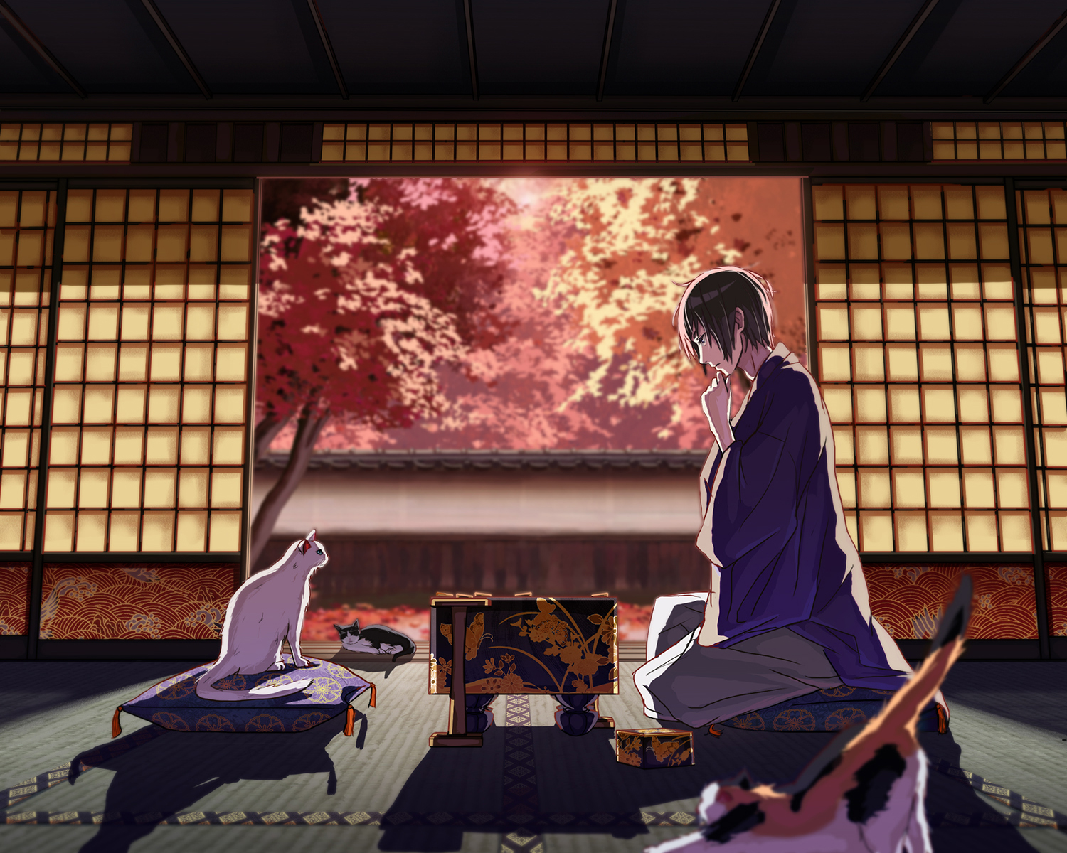 108tooya, all_male, animal, black_hair, building, cat, cherry_blossoms, flowers, japanese_clothes, male, original, short_hair