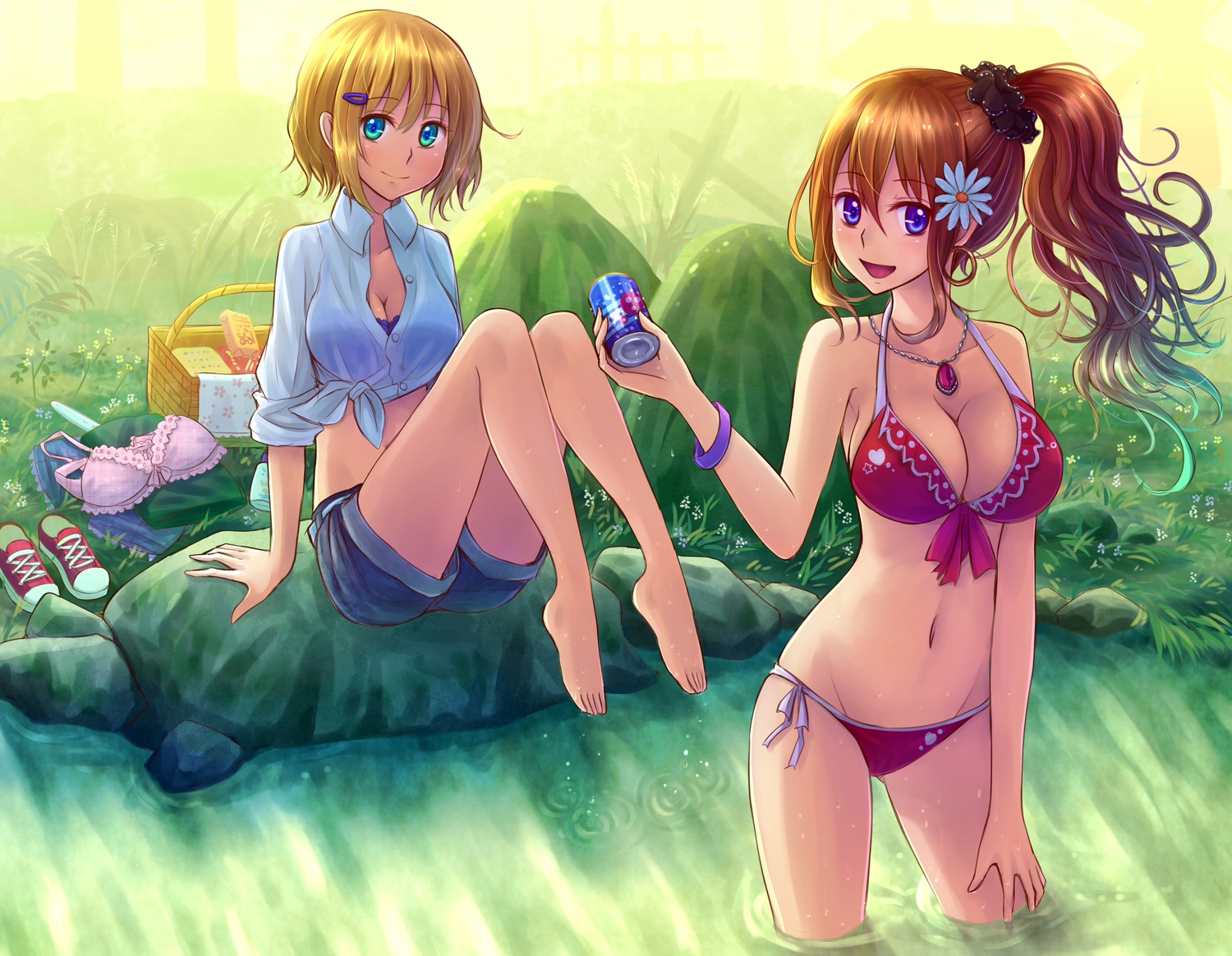 2girls, barefoot, bikini, blonde_hair, blue_eyes, breasts, brown_hair, cleavage