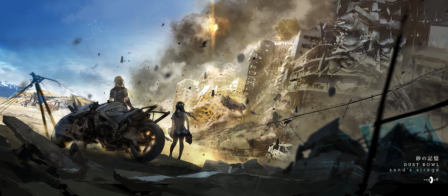 black_hair, blonde_hair, building, car, city, desert, long_hair, motorcycle, original, pantyhose, ruins, skirt, twintails, vanipo