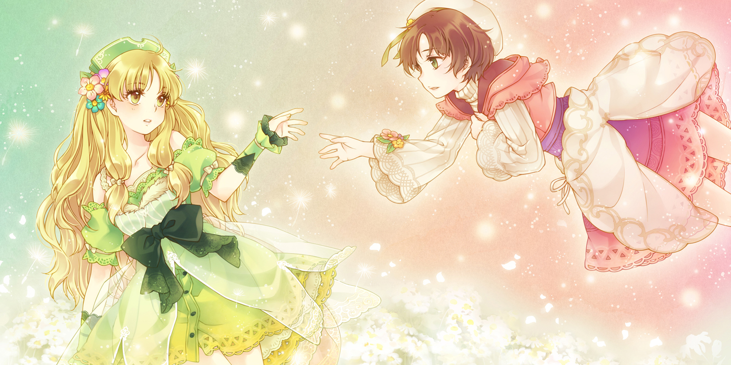 2girls, atelier_ayesha, ayesha_altugle, blonde_hair, bow, brown_hair, dress, fuuka_(fukasheu), green_eyes, hat, long_hair, nio_altugle, yellow_eyes