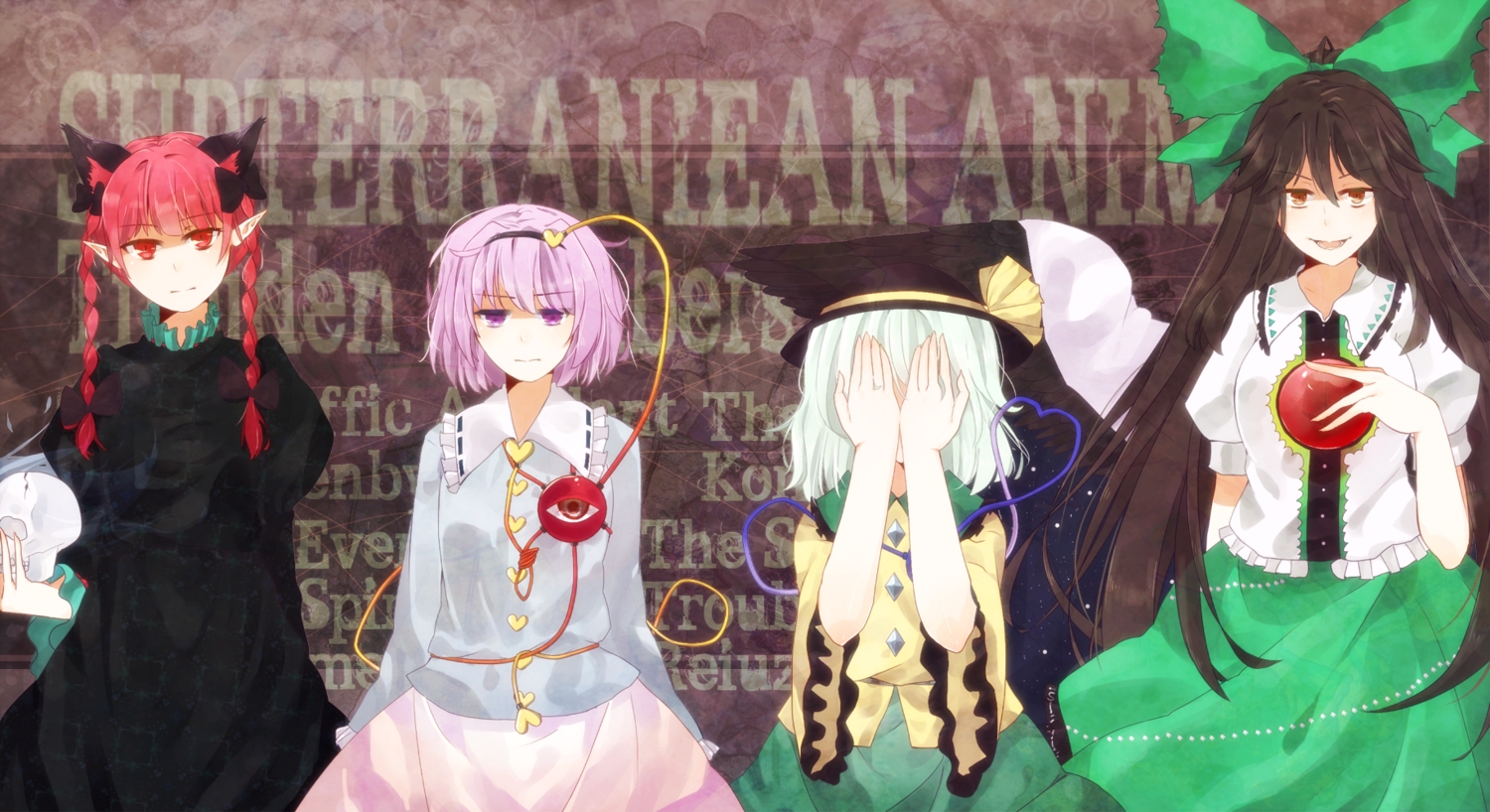 animal_ears, bow, braids, brown_hair, cape, catgirl, hat, headband, hourai_ninjin, kaenbyou_rin, komeiji_koishi, komeiji_satori, long_hair, pink_hair, pointed_ears, purple_eyes, red_eyes, red_hair, reiuji_utsuho, short_hair, skull, touhou, twintails, white_hair, wings