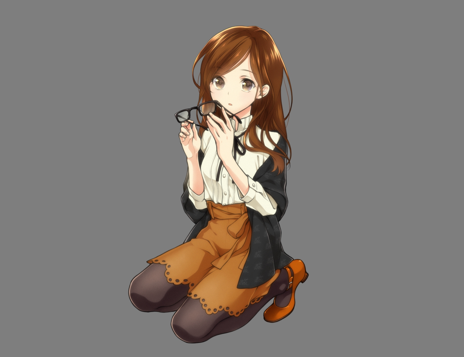 brown_eyes, brown_hair, glasses, long_hair, masami05071541, original, pantyhose, ribbons, skirt, transparent