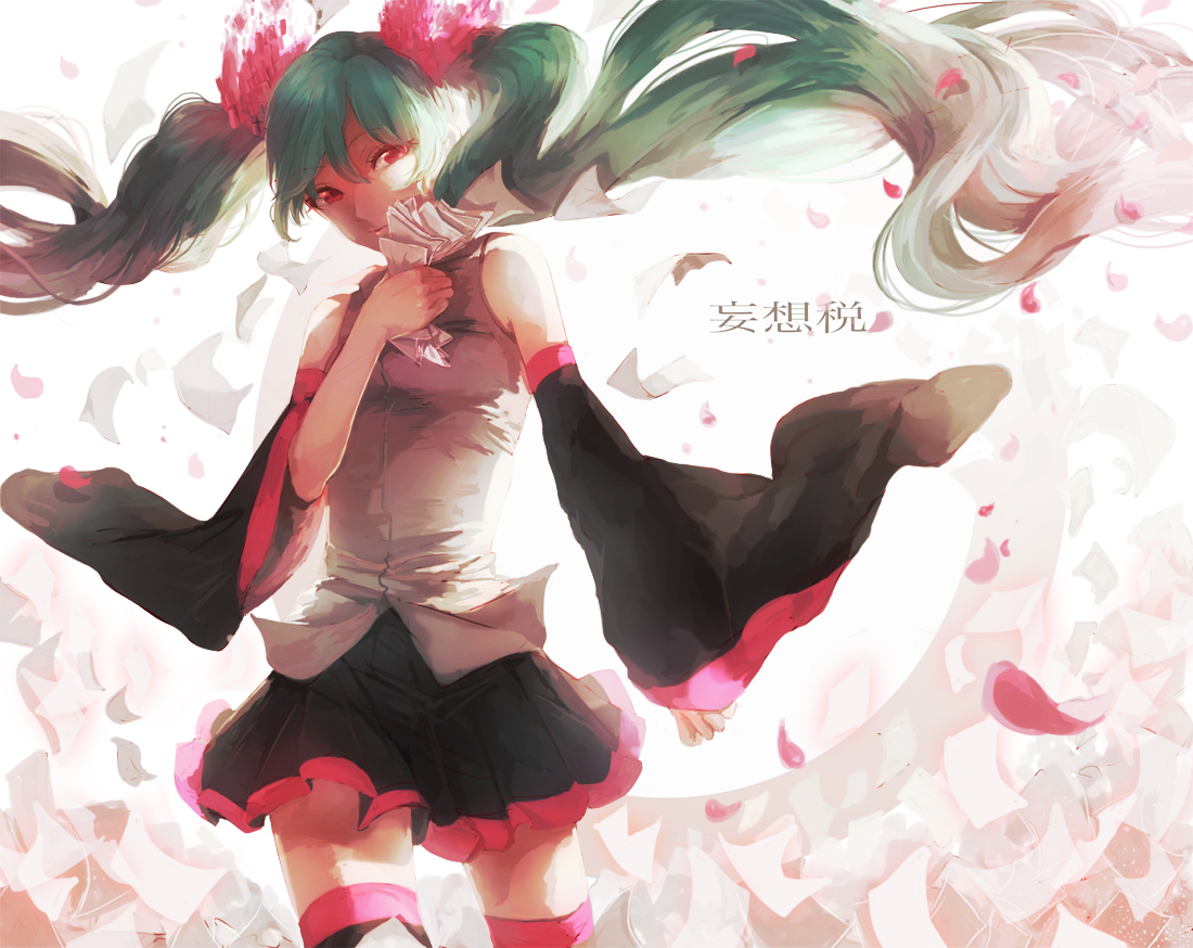 green_hair, hatsune_miku, long_hair, mousou_zei_(vocaloid), petals, red_eyes, shiroxx0094, skirt, thighhighs, twintails, vocaloid