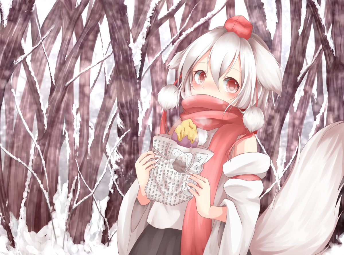 animal_ears, chikuwa_savi, food, hat, inubashiri_momiji, scarf, short_hair, snow, tail, touhou, white_hair, winter, wolfgirl
