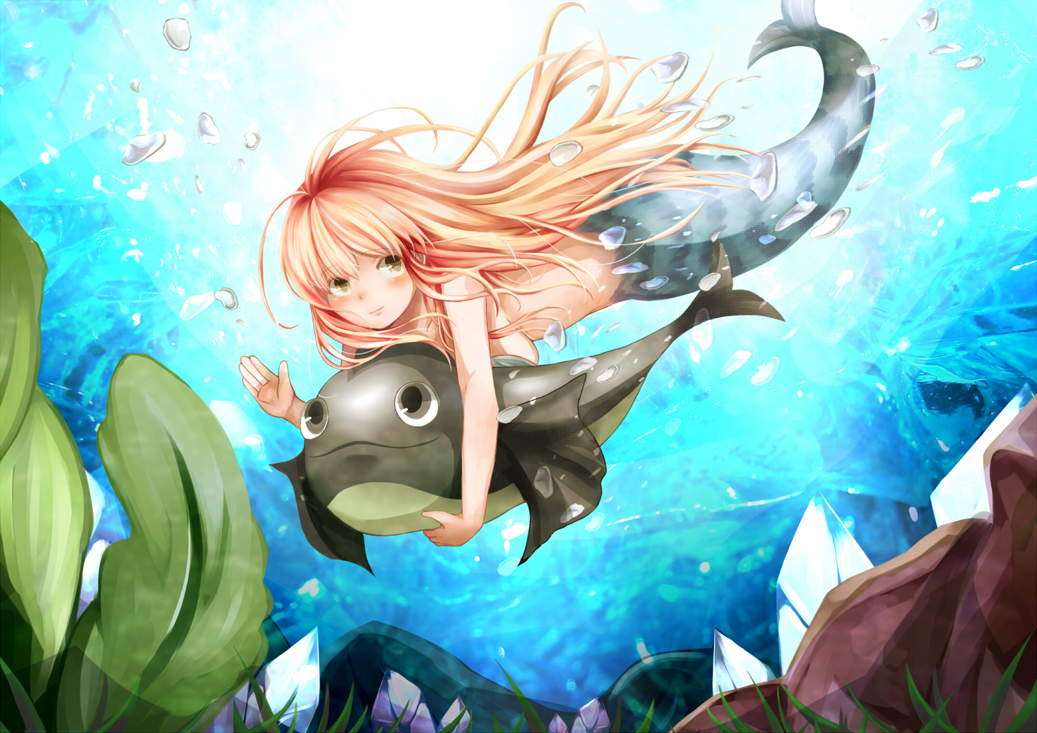 animal, blonde_hair, bubbles, chikuwa_savi, fish, long_hair, mermaid, original