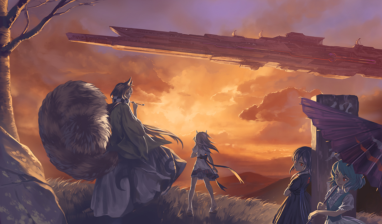 aircraft, animal_ears, bicolored_eyes, black_hair, brown_hair, clouds, dress, futatsuiwa_mamizou