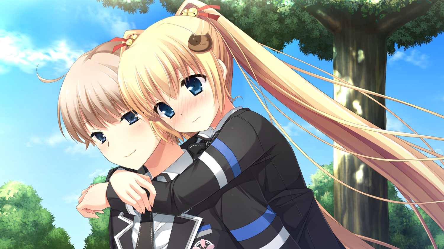 asasaka_meguri, asasaka_tokiya, blonde_hair, blush, clouds, game_cg, hulotte, ikegami_akane