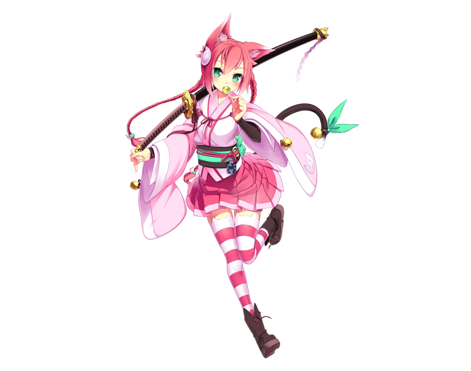animal_ears, aoi_tsunami, bell, blush, boots, braids, candy, catgirl, green_eyes, japanese_clothes, katana, lollipop, original, pink_hair, ribbons, skirt, sword, tail, thighhighs, weapon, white, zettai_ryouiki