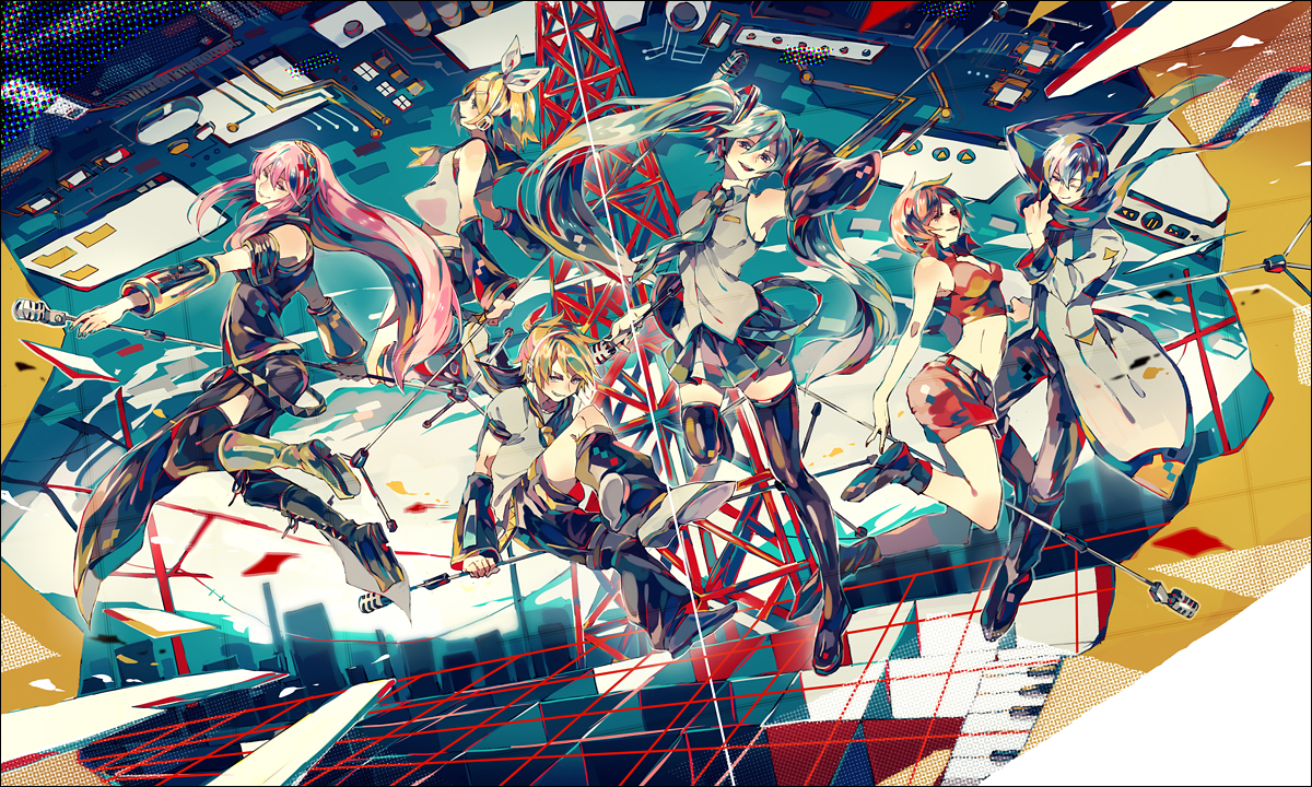 aqua_hair, blonde_hair, blue_hair, group, hatsune_miku, kagamine_len, kagamine_rin, kaito, long_hair, male, megurine_luka, meiko, microphone, pink_hair, scarf, short_hair, shorts, skirt, thighhighs, twintails, vocaloid, yuuichi_(bobobo), zettai_ryouiki