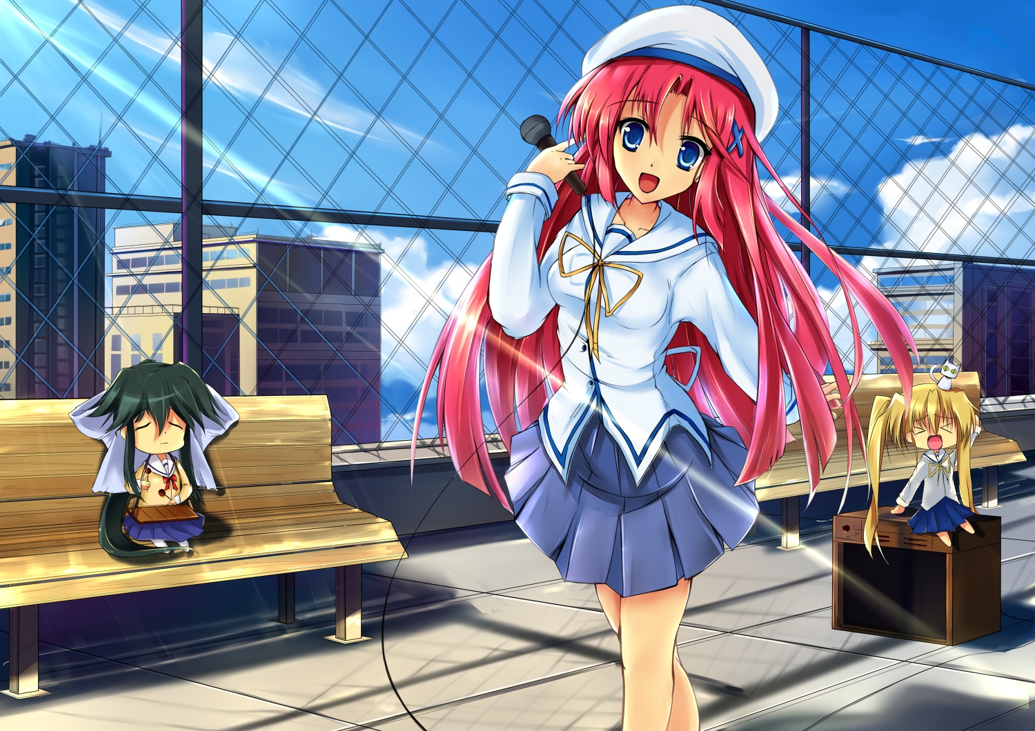 animal, black_hair, blonde_hair, blue_eyes, cat, chibi, da_capo, da_capo_iii, haraguroi_you, instrument, long_hair, microphone, mizukoshi_moe, pink_hair, ribbons, school_uniform, shirakawa_kotori, yoshino_sakura