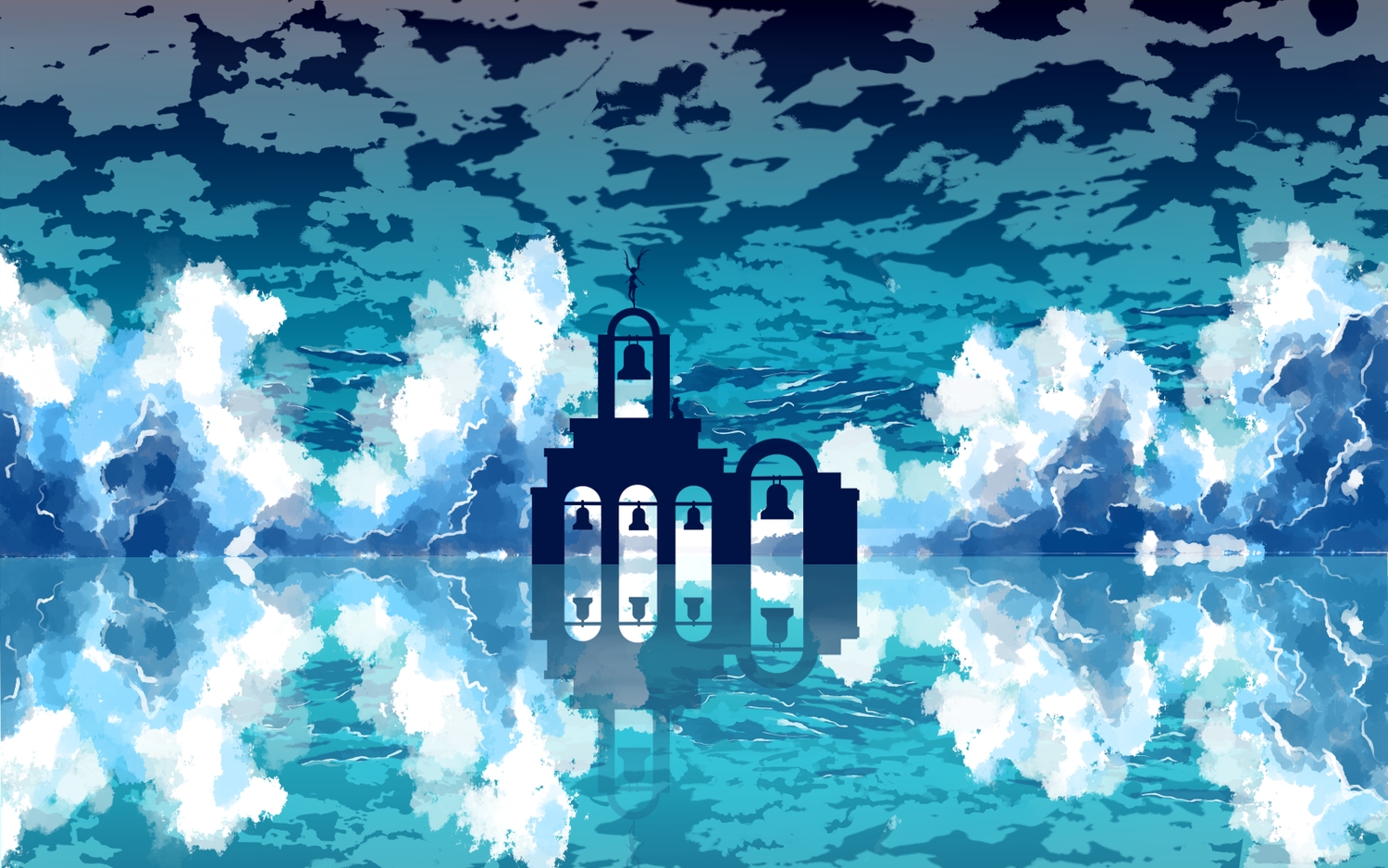 blue, clouds, hatsune_miku, langjiao, long_hair, silhouette, sky, twintails