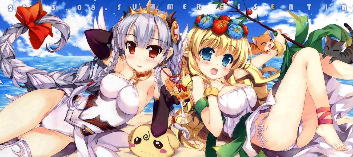 2girls, animal, barefoot, blonde_hair, blue_eyes, blush, bow, braids
