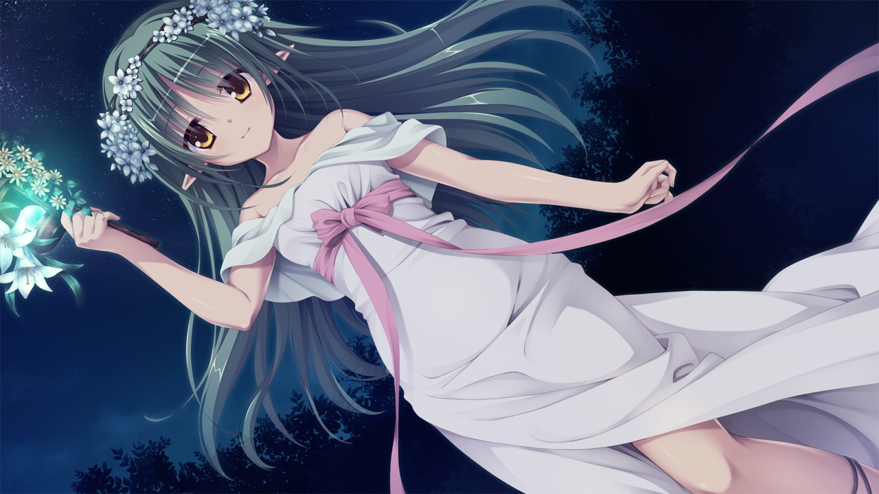 amairo_islenauts, dress, flowers, game_cg, green_hair, headband, kobuichi, long_hair, night, pointed_ears, tia_hohenwerfen, yellow_eyes, yuzusoft