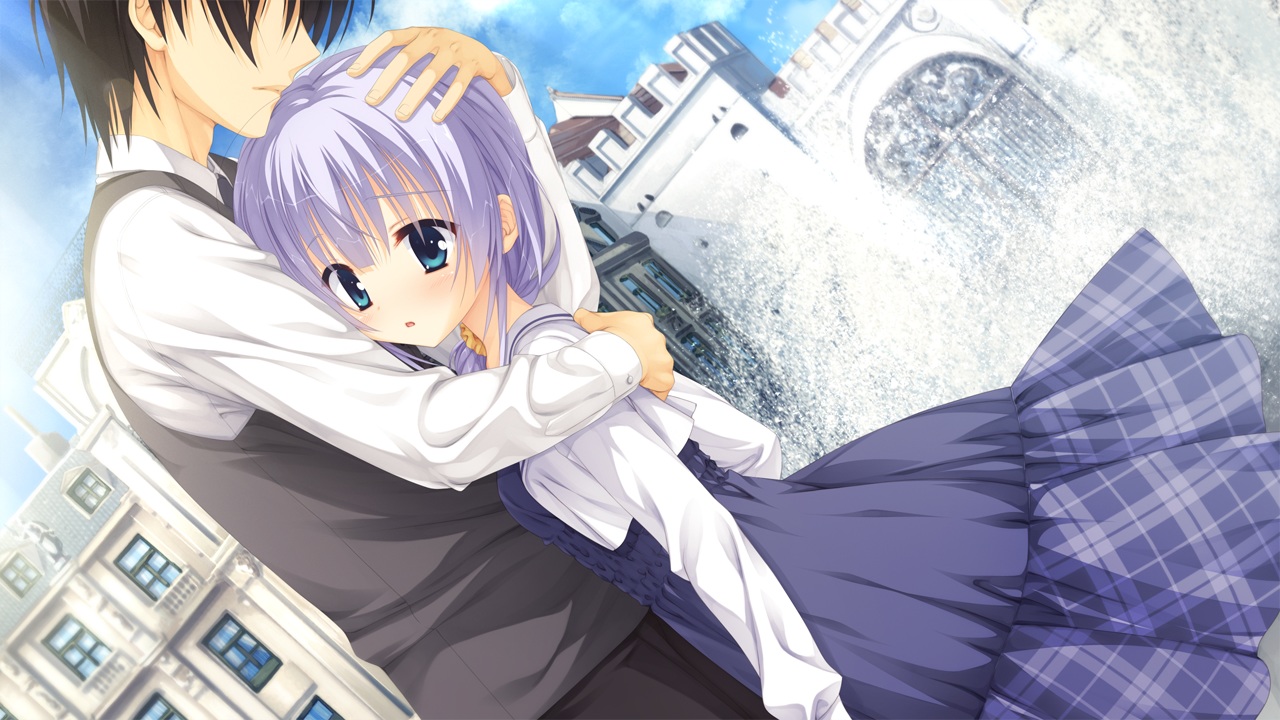 amairo_islenauts, black_hair, blue_eyes, dress, game_cg, hug, kobuichi, male