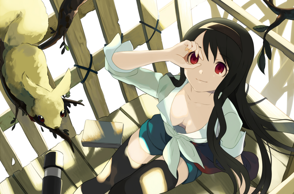 animal, black_hair, book, breasts, cleavage, harano, headband, long_hair