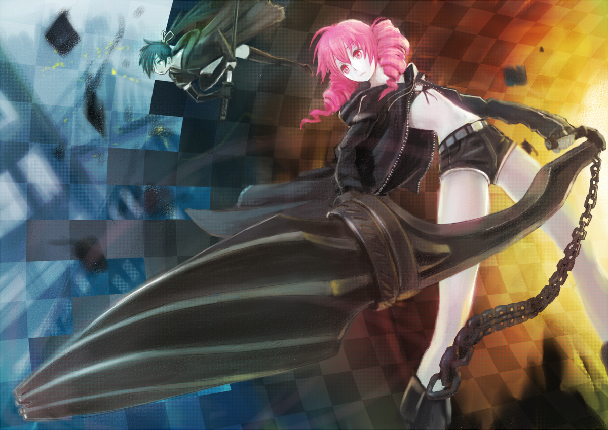 2girls, bikini_top, black_hair, black_rock_shooter, cosplay, crossover, kasane_teto, katana