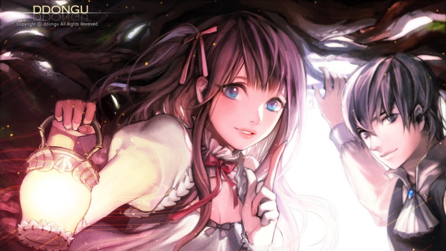 black_hair, blue_eyes, bow, brown_hair, ddongu, long_hair, original, ribbons