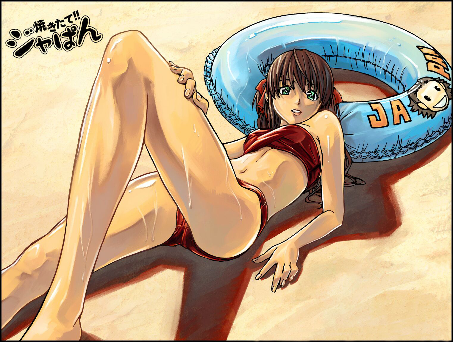 azusagawa_tsukino, beach, bikini, brown_hair, green_eyes, long_hair, swim_ring, swimsuit
