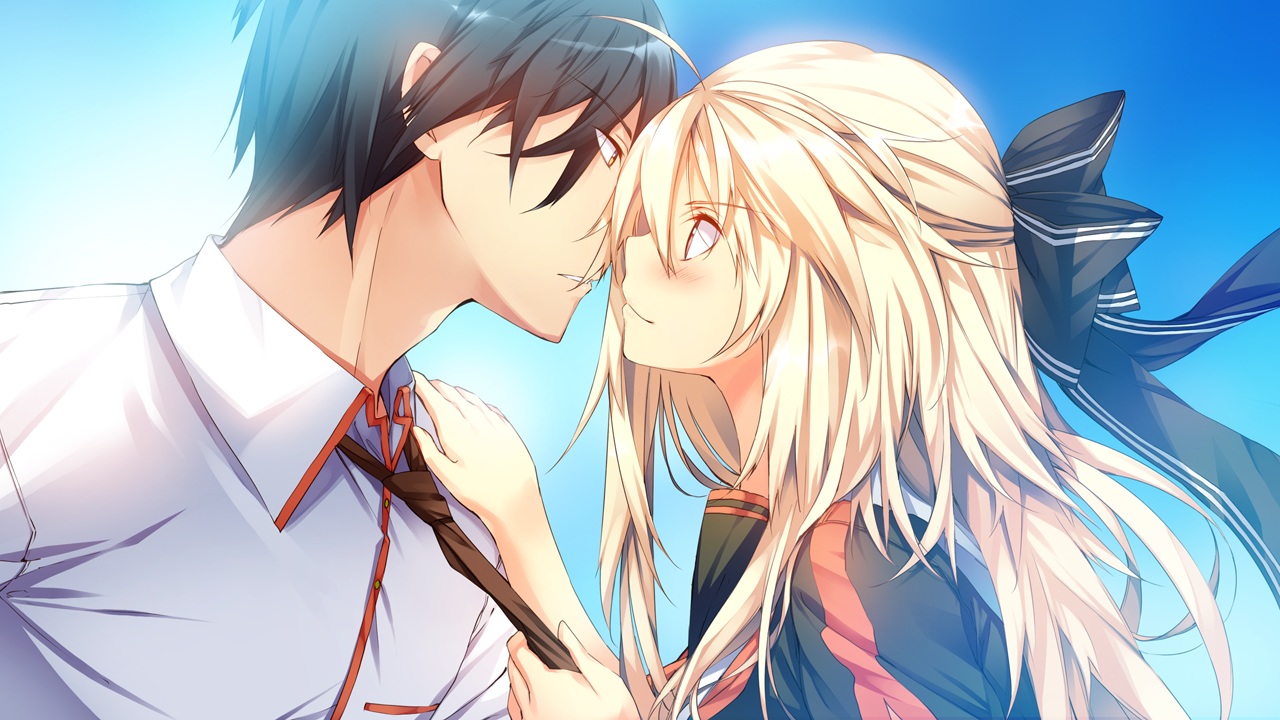 aka-san_to_kyuuketsuki, alcot, alexandra_ann-christine_axelina, black_hair, blonde_hair, blush, bow, game_cg, kuwashima_rein, long_hair, open_shirt, red_eyes, ribbons, saitou_yuu, short_hair, tie