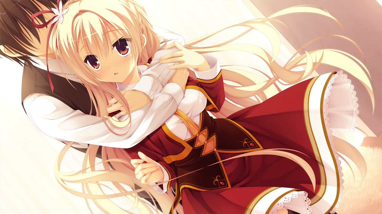 amairo_islenauts, blonde_hair, brown_hair, dress, game_cg, hug, kobuichi, long_hair
