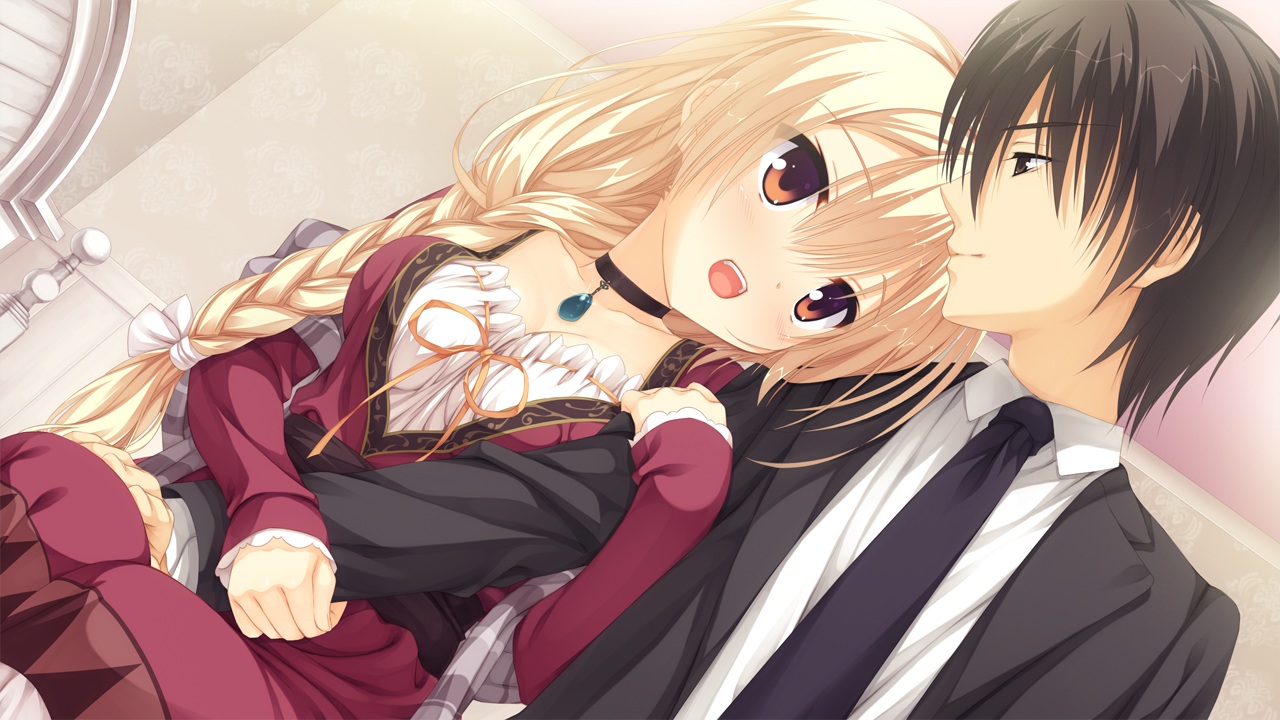 amairo_islenauts, blonde_hair, braids, brown_eyes, brown_hair, choker, dress, game_cg