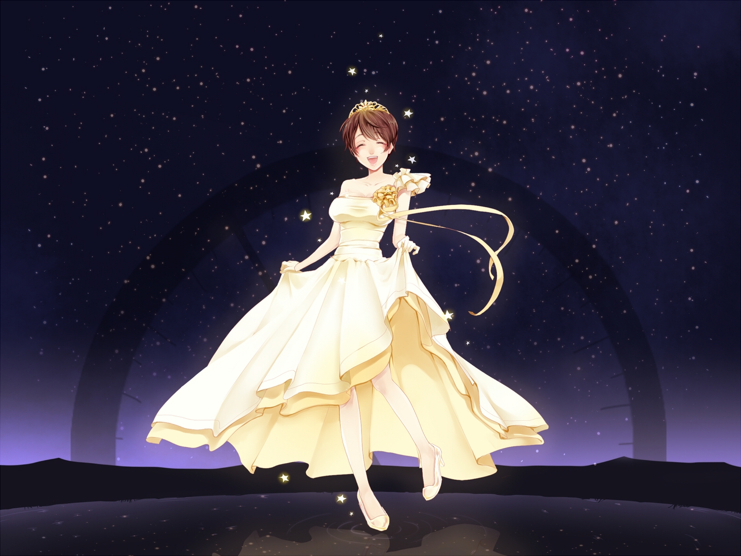 brown_hair, dress, gloves, harureya, idolmaster, idolmaster_cinderella_girls, oikawa_shizuku, short_hair, stars, tiara