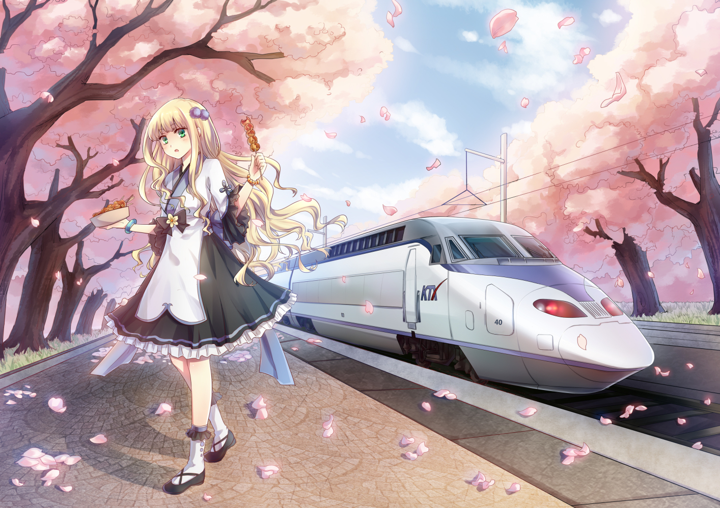 anthropomorphism, blonde_hair, bow, cherry_blossoms, dress, flowers, food, green_eyes