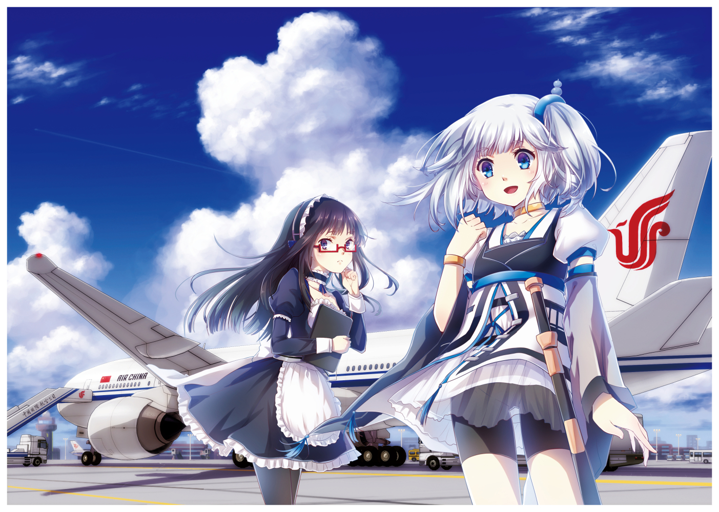 2girls, aircraft, anthropomorphism, apron, bike_shorts, black_eyes, black_hair, blue_eyes