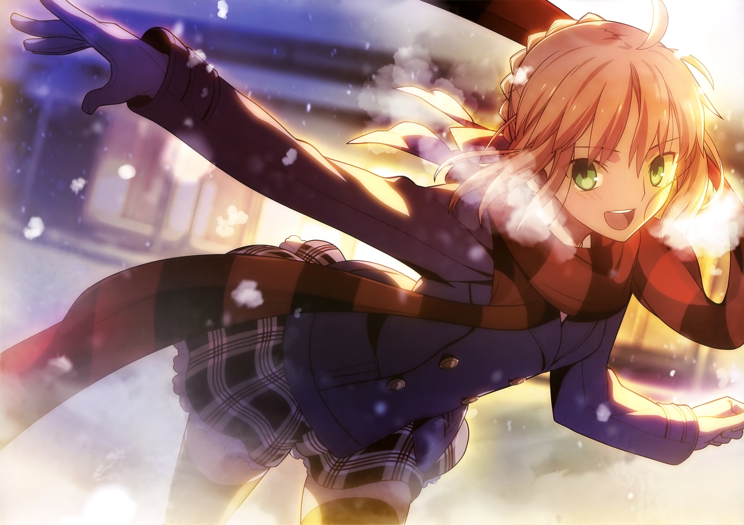 artoria_pendragon_(all), blonde_hair, fate_(series), fate/stay_night, gloves, green_eyes, saber, scan, scarf, skirt, snow, takeuchi_takashi, thighhighs, type-moon, winter
