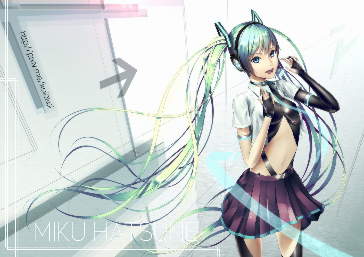 aqua_hair, blue_eyes, collar, gloves, hatsune_miku, headphones, long_hair, navel