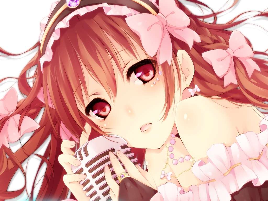 ayuteisyoku, bow, headband, long_hair, microphone, original, red_eyes, red_hair