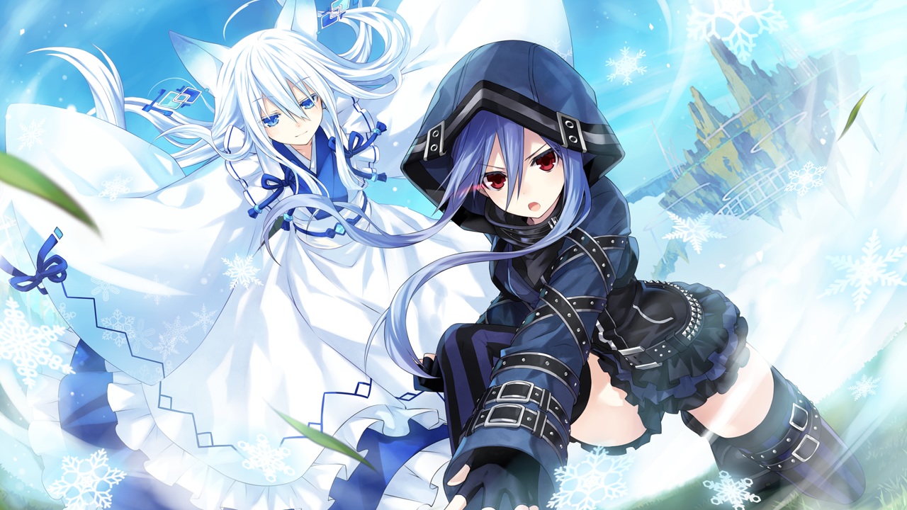 2girls, animal_ears, blue_eyes, blue_hair, boots, dress, effole, fairy_fencer_f, game_cg, gloves, japanese_clothes, karin_(fairy_fencer_f), long_hair, red_eyes, snow, thighhighs, tsunako, white_hair